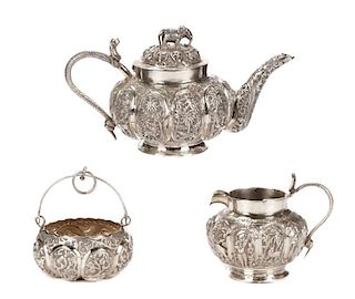 Indian Three Piece Silver Chased Repousse Tea Set