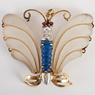 Butterfly Brooch with Rock Crystal, Lapis, Ruby and Diamonds