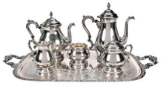 Five Piece Prelude International Sterling Tea Service with Silver Plate Tray