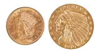 Two Gold Coins, $2-1/2 Indian Head and $1, with Period Accessories 