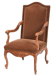 Louis XV Style Carved and Velvet Upholstered Open Armchair