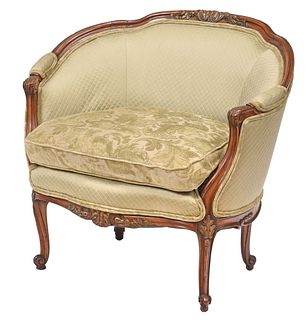 Louis XV Style Carved Walnut and Green Upholstered Bergere