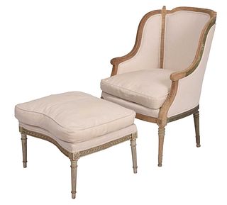 Louis XVI Style Carved and Painted Bergere and Ottoman