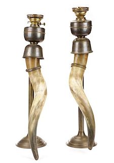 Unusual Pair of Brass Mounted Horn Gas Lamps