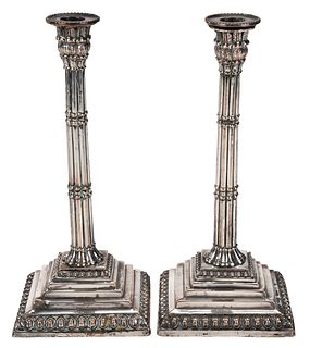 Pair Old Sheffield Plate Taper Candlesticks