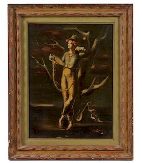 Roman Chatov Oil on Board of Jester & Tree, Signed