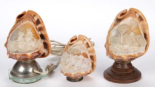 VINTAGE ITALIAN CAMEO CARVED CONCH SHELL ELECTRIC LAMPS, LOT OF THREE