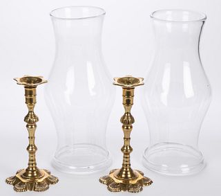 PAIR OF MOTTAHEDEH CANDLESTICKS WITH GLASS HURRICANE SHADES