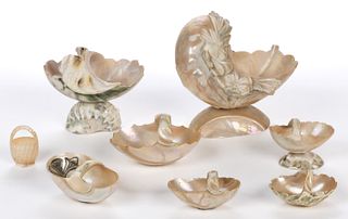 MOTHER-OF-PEARL BASKET-FORM SHELL DISHES, LOT OF EIGHT