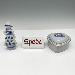 3pc Mixed Porcelain Lot, Dealer Sign, Lidded Box + Figurine