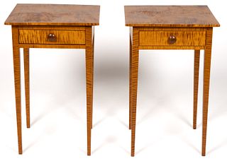 PAIR OF DAVE BURTCHELL FEDERAL-STYLE TIGER MAPLE SPLAY-LEG STAND TABLES