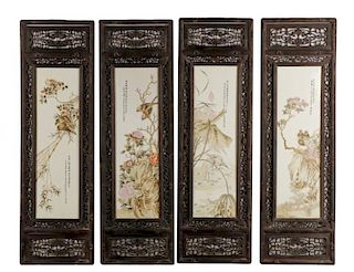 4 Chinese Signed Screen Panels, Flora & Fauna
