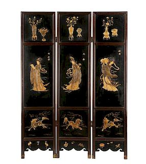 Chinese Three Panel Black Lacquered Screen
