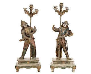 Pair, Metal Figural Samurai Candelabras