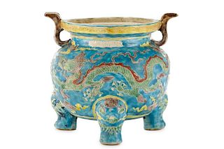 Chinese Ming Style Fahua Glazed Tripod Censer