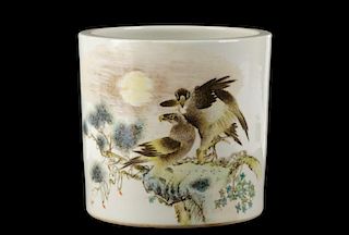 Large Chinese Porcelain Brush Pot w/Hawks