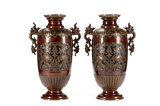 Pair of Japanese Bronze Handled Vases, Qilin Motif
