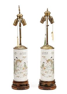 Pair of Japanese Porcelain Figural Vase Lamps
