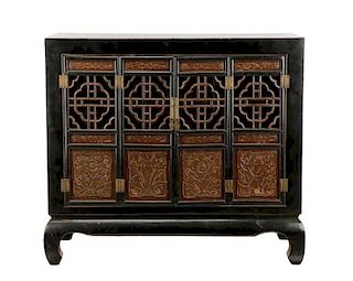 Chinese Black Lacquer & Fretwork Cabinet