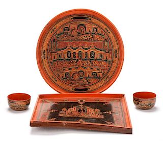 Collection of 4 Burmese Red Lacquered Items