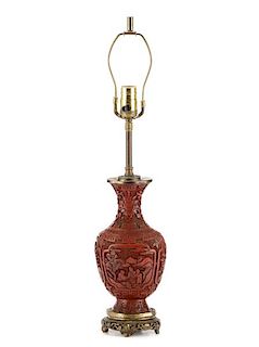 Chinese Carved Cinnabar Vase Table Lamp