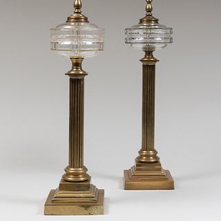 Near Pair of Brass Columnar Oil Lamps
