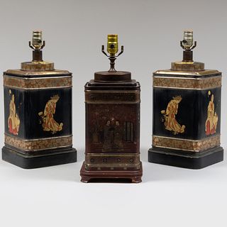 Pair of Printed Tin Tea Caddies Mounted as Lamps and a Similar Lamp