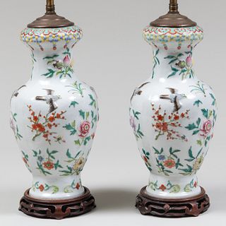 Pair of Chinese Famille Rose Porcelain Vases Mounted as Lamps