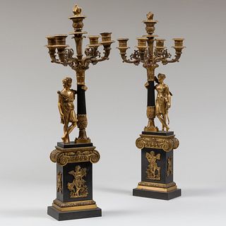 Pair of Napoleon III Patinated and Gilt-Bronze Five Light Candelabra