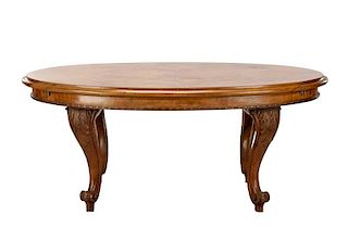 French Style Oval Burl Walnut Dining Table