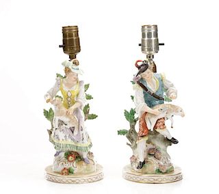 Pair, Dresden Porcelain Figural Table Lamps