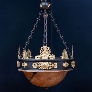 Empire Style Ormolu and Patinated-Bronze Alabaster Four-Light Chandelier