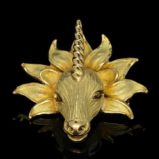 VINTAGE / CONTEMPORARY FRENCH 18K YELLOW GOLD FIGURAL UNICORN BROOCH / PENDANT