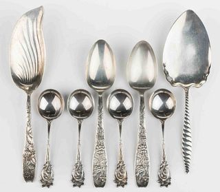 DURGIN AND WHITING STERLING SILVER SERVING UTENSILS AND SPOONS, LOT OF EIGHT