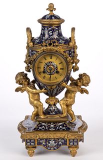 FRENCH LOUIS XV-STYLE DORE BRONZE AND CHAMPLEVE MANTEL CLOCK