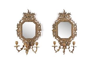 Pair Neoclassical Patinated Brass Mirrored Sconces