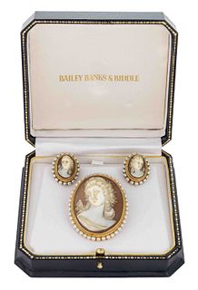 VINTAGE 14K YELLOW GOLD, PEARL, AND CARVED SHELL CAMEO THREE-PIECE JEWELRY SUITE