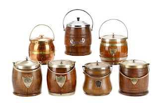 Group of 7 English Biscuit Barrels, Oak and Copper