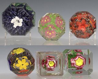 (6) BOHEMIAN ART GLASS FACETED PAPERWEIGHTS WITH LAMPWORK FLOWERS