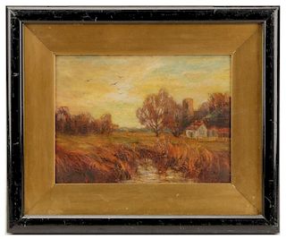 Regionalist Landscape, "Autumn Farmyard", Oil