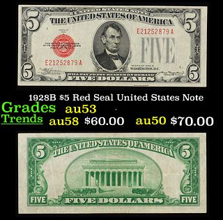 1928B $5 Red Seal United States Note Grades Select AU