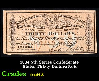 1864 5th Series Confederate States Thirty Dollars Note Grades Select CU