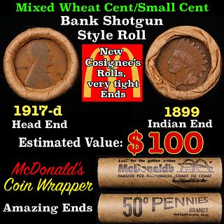 Small Cent Mixed Roll Orig Brandt McDonalds Wrapper, 1917-d Lincoln Wheat end, 1899 Indian other end, 50c