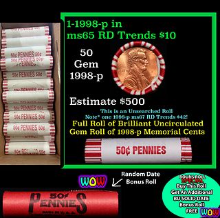 THIS AUCTION ONLY! BU Shotgun Lincoln 1c roll, 1998-p 50 pcs Plus one bonus random date BU roll! Bank Wrapper 50c
