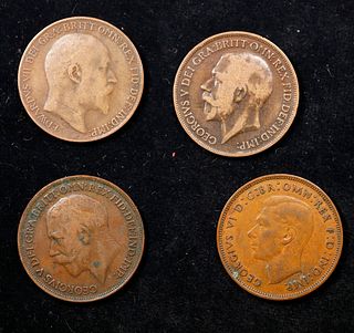 Group of 4 Coins, Great Britain Pennies, 1909, 1917, 1918, 1948 .