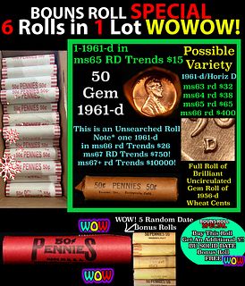 THIS AUCTION ONLY! BU Shotgun Lincoln 1c roll, 1961-d 50 pcs Plus FIVE bonus random date BU roll! Bank Wrapper 50c