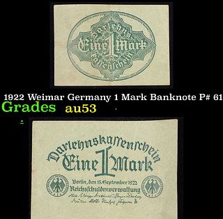 1922 Weimar Germany 1 Mark Banknote P# 61a Grades Select AU