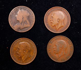 Group of 4 Coins, Great Britain Pennies, 1891, 1912, 1913, 1936 .