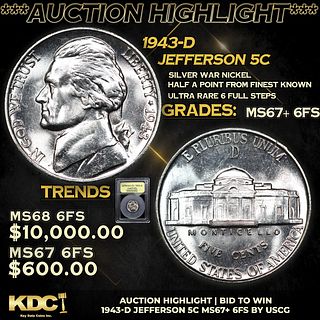 ***Auction Highlight*** 1943-d Jefferson Nickel 5c Graded GEM++ 6fs BY USCG (fc)