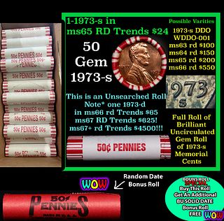 THIS AUCTION ONLY! BU Shotgun Lincoln 1c roll, 1973-s 50 pcs Plus one bonus random date BU roll! Bank Wrapper 50c